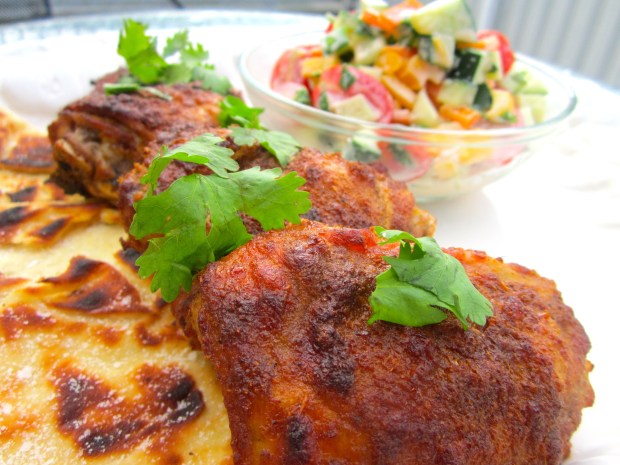 naan, tandoori chicken, tomato/cucumber/yogurt salad
