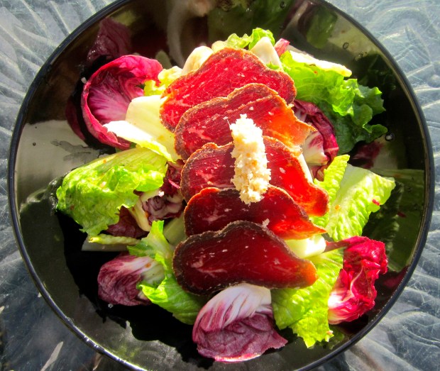 Romaine,  Radiccio Rosso, Red Radish and  Bresola  with  Prepared Horseradish In Raspberry Vinegar Vinaigrette