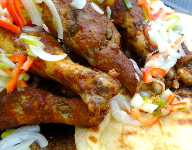 Tandoori-Style Chicken Drumsticks With Pickled Onions And Naan