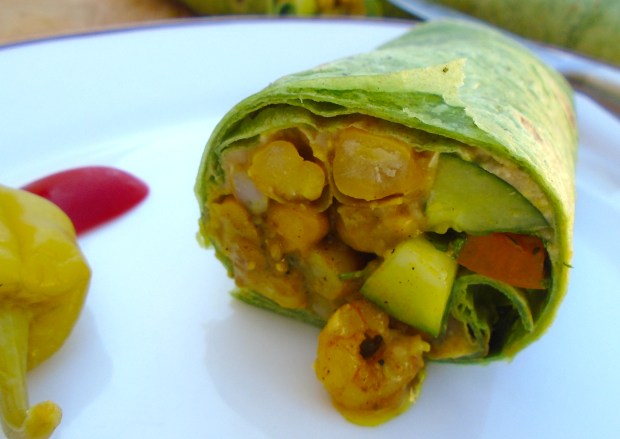 Spinach Wrap With Curried Garbanzos And Shrimp