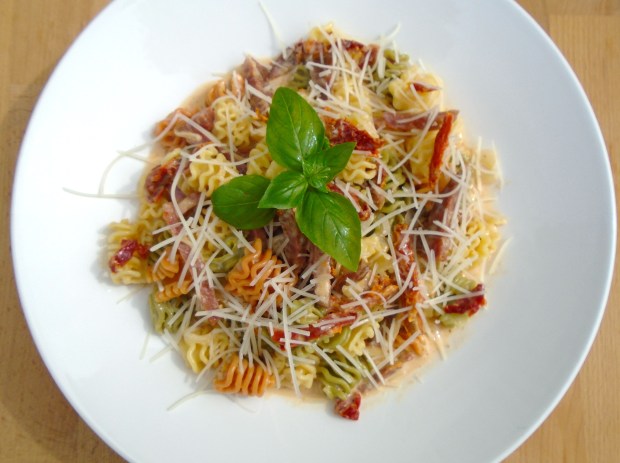 Radiatore with Salame and Sun-Dried Tomatoes in Garlic-Confit Cream