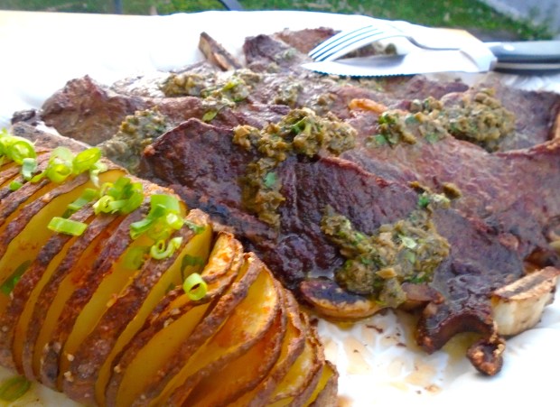 Broiled Beef Ribs With Chimichurri And Hasselback Potato