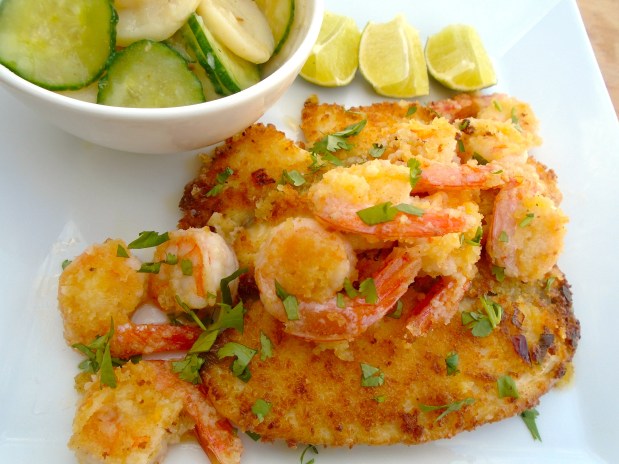 Panko Coated Flounder Fillet With Shrimp And Cucumber/Potato Salad
