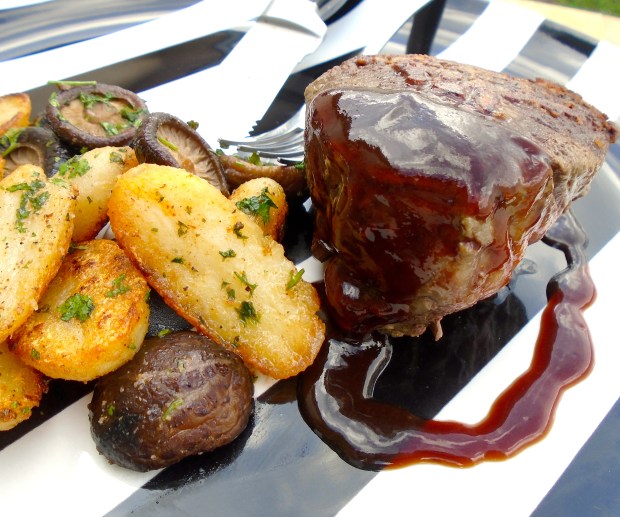 Filet Mignon With Sautéed Potatoes, Shiitake And "Hoi Sin Delight"