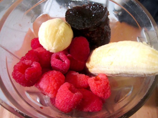 bananas, raspberries and strawberry marmalade