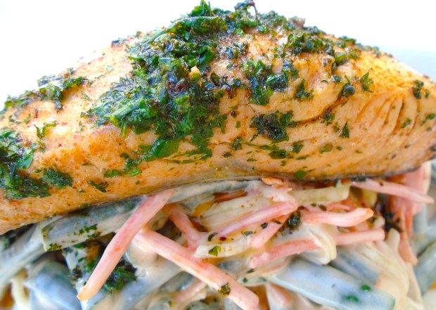 Salmon In Brown Butter With Bean & Carrots In Honey-Mustard Dressing