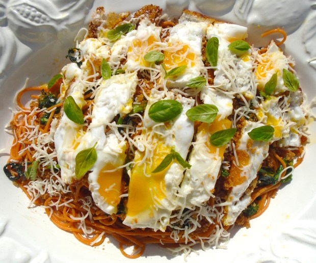 Tomato Spaghetti With Broccolini, Crispy Fried Eggs And Pangrattato