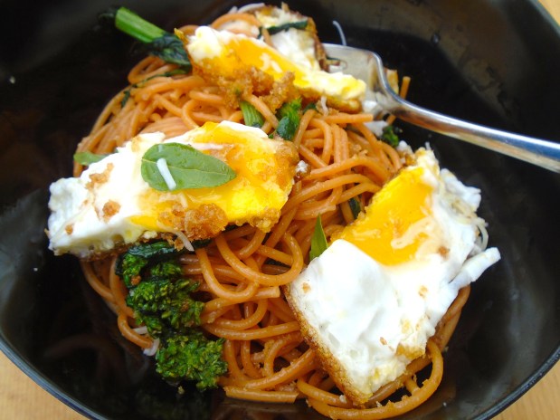 Tomato Spaghetti With Broccolini, Crispy Fried Eggs And Pangrattato