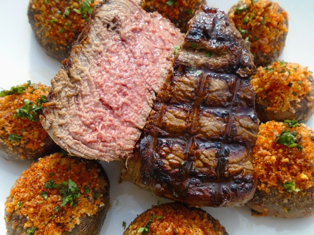 Grilled Beef Tenderloin With Parmesan-Roasted Mushrooms