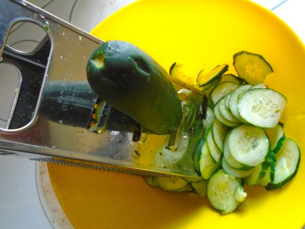 slice 1 lb of cucumbers into thin slices