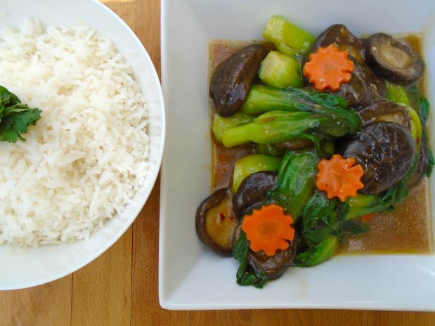 Stir Fried Flower Mushroomes, Bok Choi And Carrots In Hoi Sin Sauce
