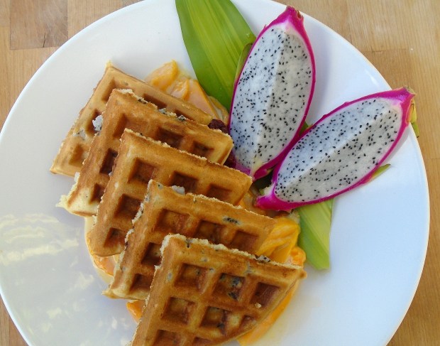 Dragon Waffles With Mangoes In Honey/Vanilla Cream