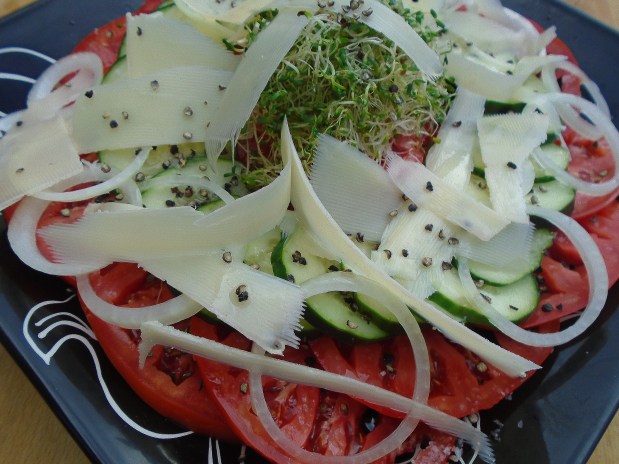 Salad of Tomato, Cucumber, Alfalfa Sprouts And Parmigiano Reggiano