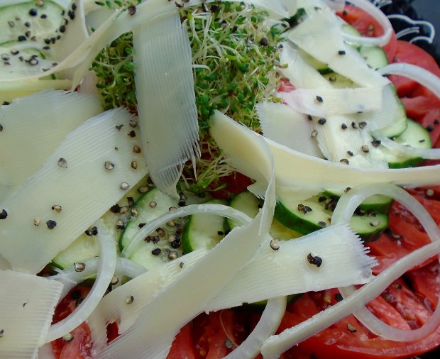 Salad of Tomato, Cucumber, Alfalfa Sprouts And Parmigiano Reggiano