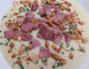 Potato Soup With Smoked Pork Shanks, Fried Shallots And BBQ'd Corn