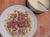 Potato Soup With Smoked Pork Shanks, Fried Shallots And BBQ'd Corn