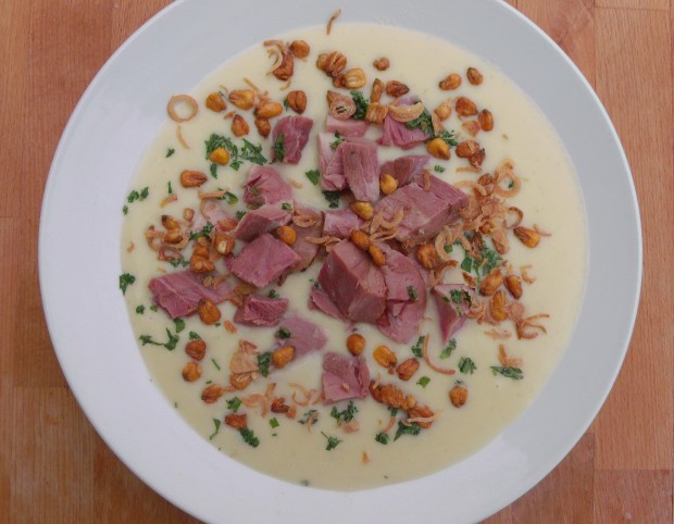 Potato Soup With Smoked Pork Shanks, Fried Shallots And BBQ'd Corn