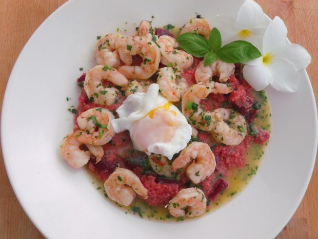 Red Beet Grits With Shrimp In Garlic/Herb Butter And Poached Egg