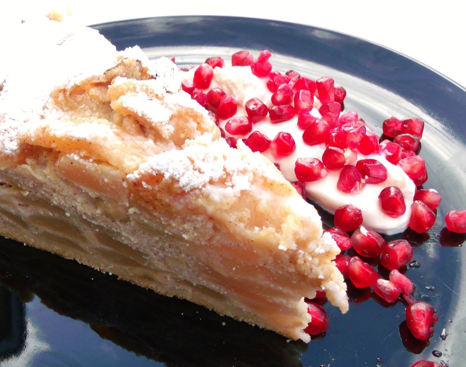 Ricotta Cheese Cake With Apples And Cashews. Served With GreekYogurt And Pomegranate
